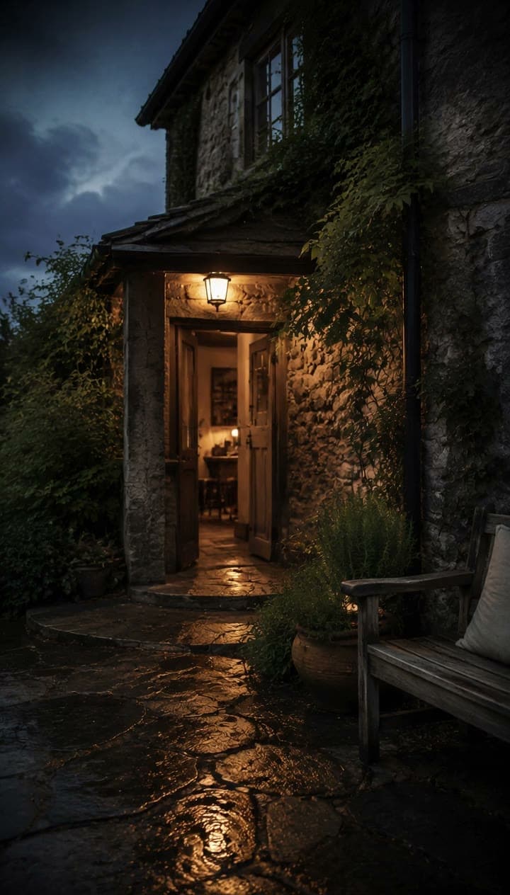 The door, at dusk, the first frame of the clip